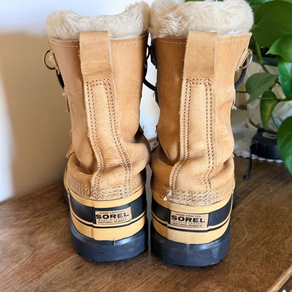Sorel Caribou Winter Boots Women 7 Tan Black Waterproof Leather Made in Canada